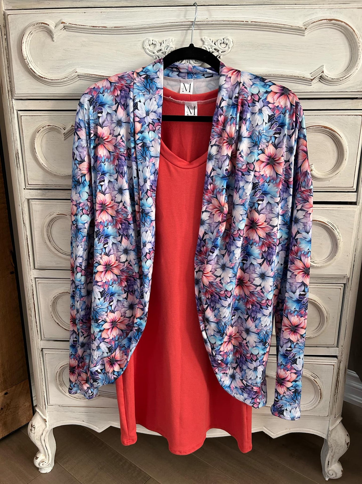 cardigan fleuri bleu/rose