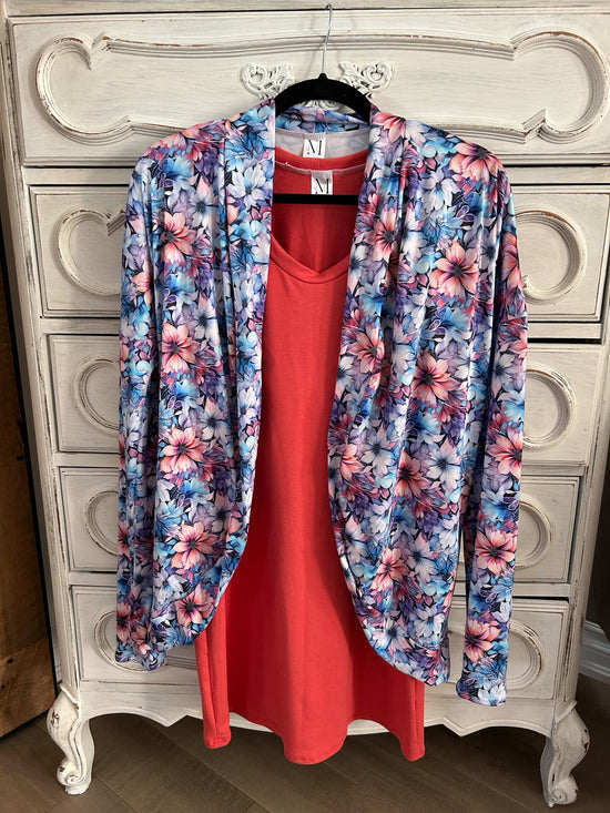 cardigan fleuri bleu/rose