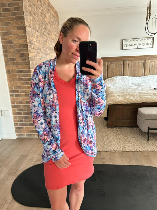 cardigan fleuri bleu/rose